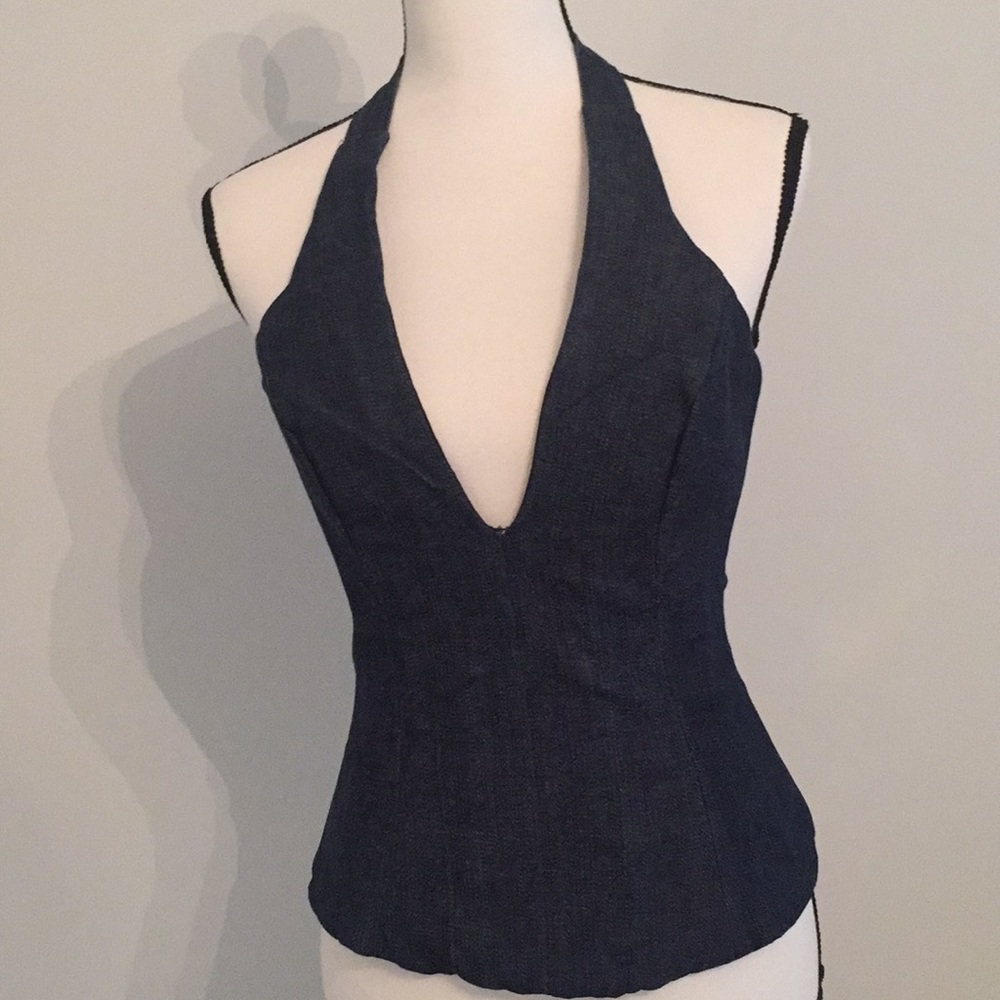 Dark Denim Bustier w Tie neckline and Open Back